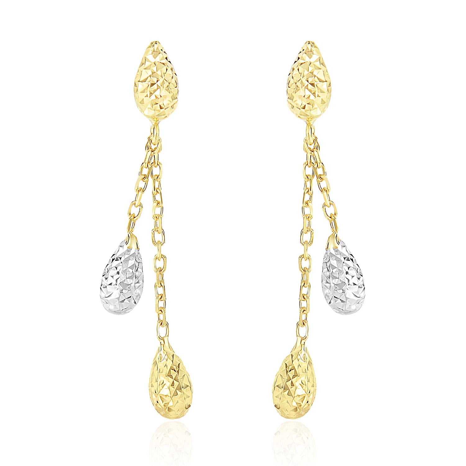 14k Two-Tone Gold Double Row Chain Earrings with Diamond Cut Teardrops