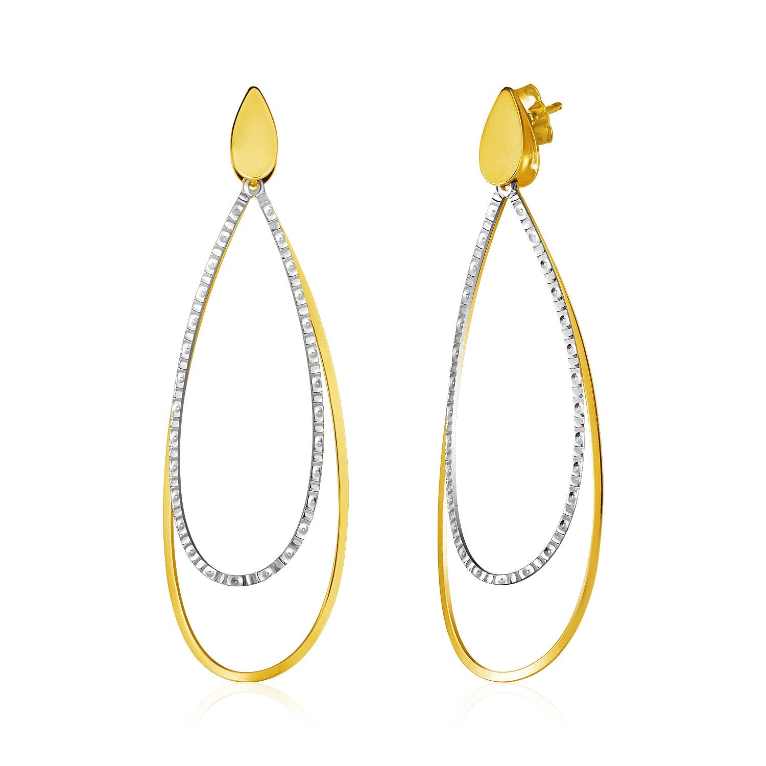 Boucles d'oreilles en forme de larme ouverte en or bicolore 14 carats texturées et polies