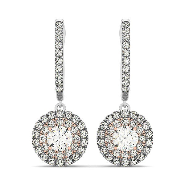 Boucles d'oreilles en diamant en or blanc et rose 14 carats avec un motif halo (3/4 carat au total)