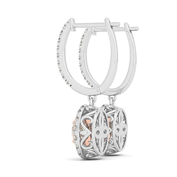 Boucles d'oreilles en diamant en or blanc et rose 14 carats avec un motif halo (3/4 carat au total)