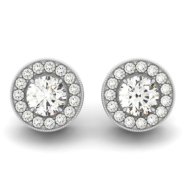 Boucles d'oreilles en or blanc 14 carats avec halo de diamants ronds à bordure milgrain (3/4 carat au total)
