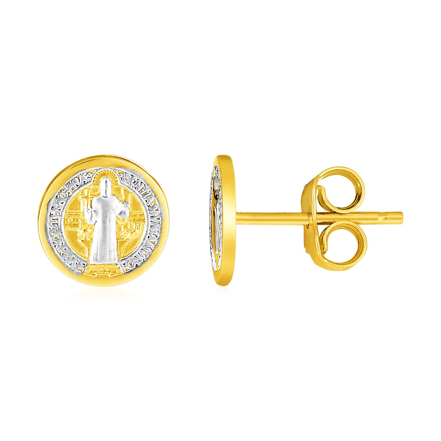 Boucles d'oreilles rondes en or bicolore 14 carats avec médaille religieuse