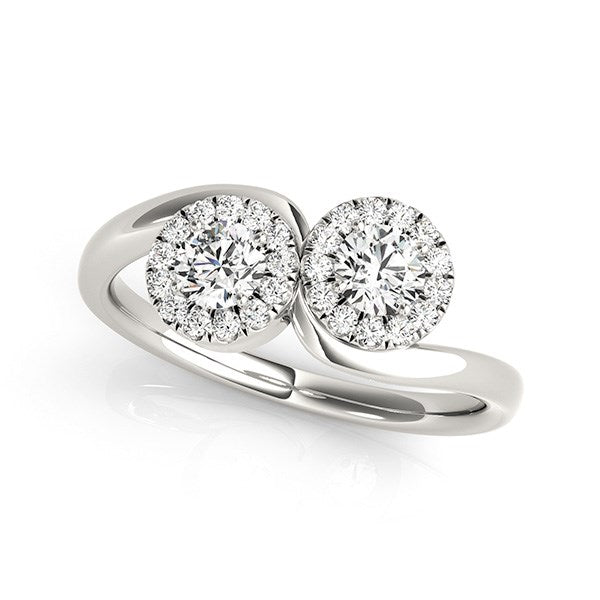 Bague en or blanc 14 carats avec deux diamants ronds sertis d'un halo (3/8 carat au total)