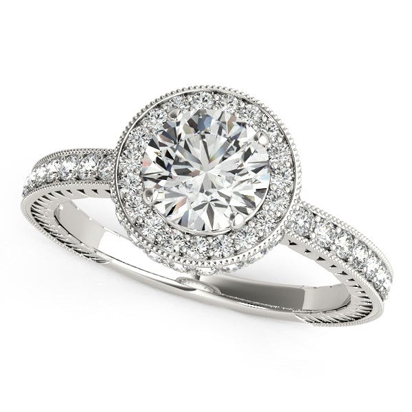 Bague de fiançailles pavé de diamants à bordure millegrain en or blanc 14 carats (1 1/2 carat au total)