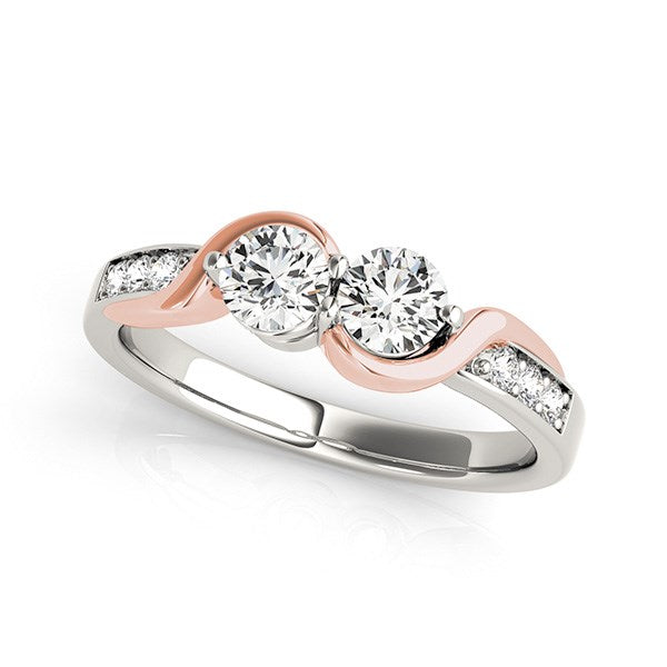 Bague incurvée à deux diamants ronds en or blanc et rose 14 carats (5/8 carat au total)