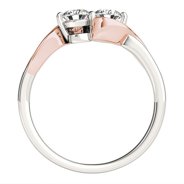Bague incurvée à deux diamants ronds en or blanc et rose 14 carats (5/8 carat au total)