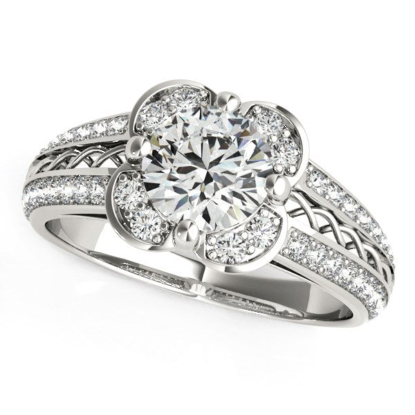 Anillo de compromiso con motivo floral de diamantes redondos en oro blanco de 14 k (1 3/8 quilates)