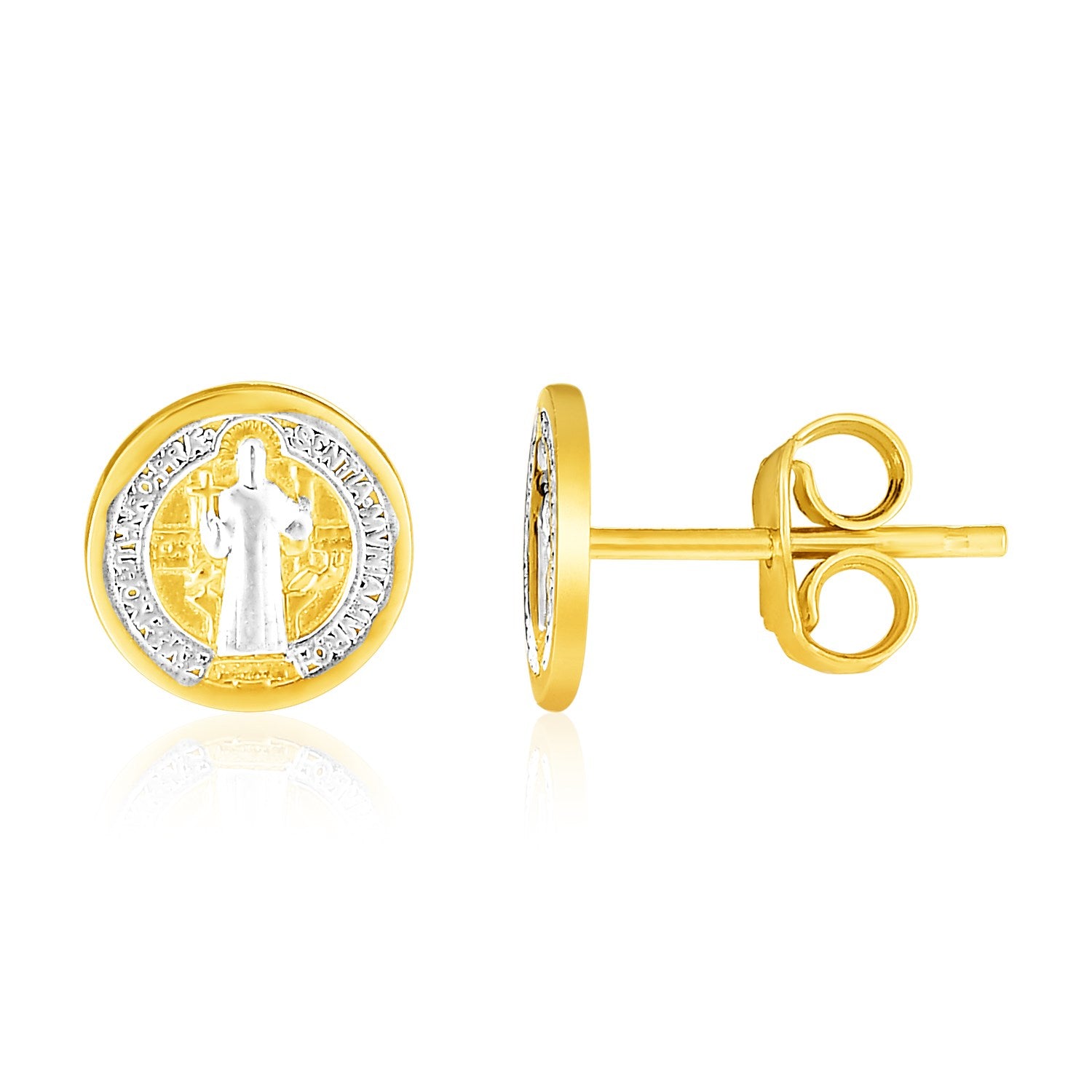 Boucles d'oreilles à médaillon religieux rond en or bicolore 14 carats