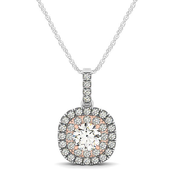 Pendentif halo de diamants en forme de coussin en or blanc et rose 14 carats (1/2 carat au total)
