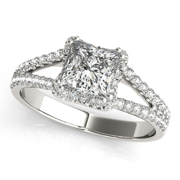 Anillo de compromiso de diamantes con vástago dividido y halo de talla príncipe en oro blanco de 14 k (2 quilates)