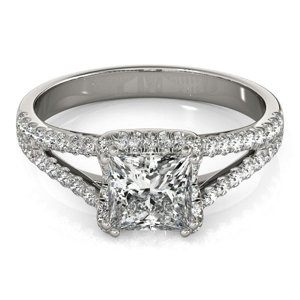 Anillo de compromiso de diamantes con vástago dividido y halo de talla príncipe en oro blanco de 14 k (2 quilates)