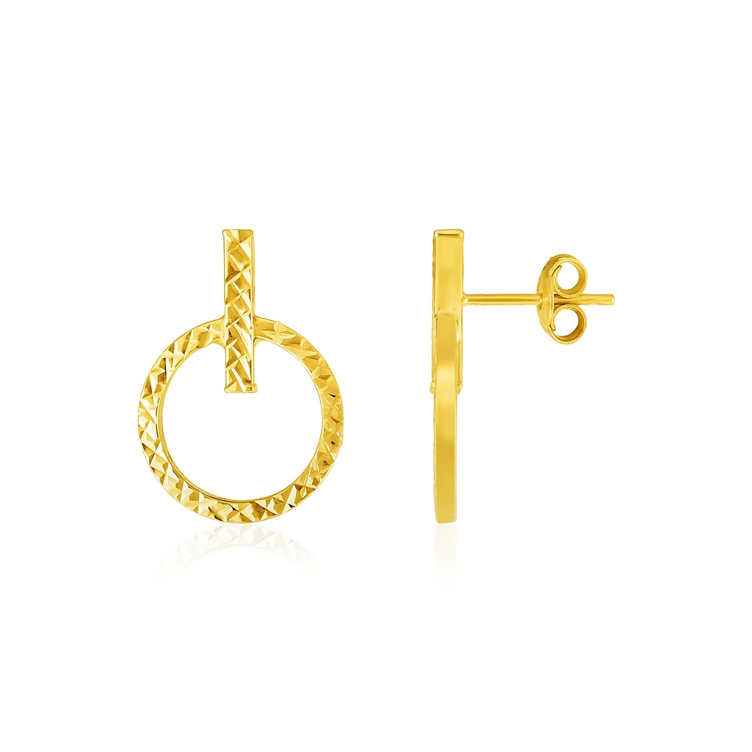 Aretes con barra y círculo texturizado de oro amarillo de 14 k