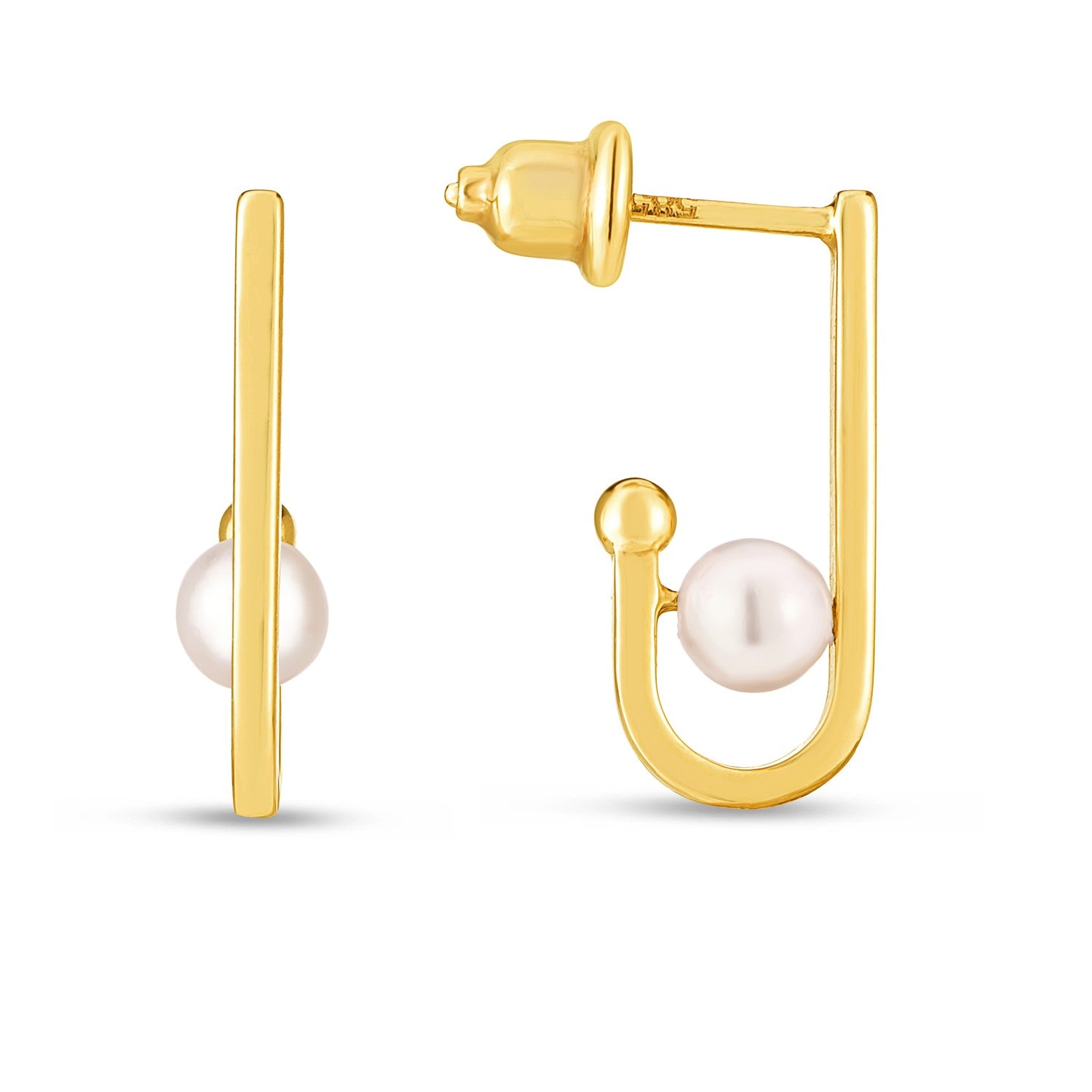 Aretes de perlas en forma de J de oro amarillo de 14 k