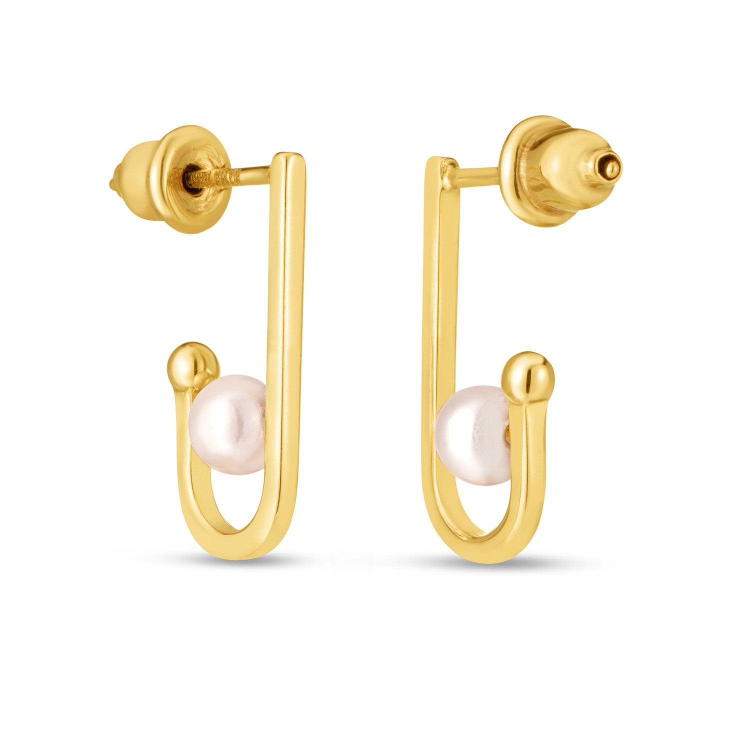 Aretes de perlas en forma de J de oro amarillo de 14 k