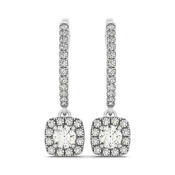 Boucles d'oreilles pendantes diamant style halo forme coussin en or blanc 14 carats (1/2 carat au total)
