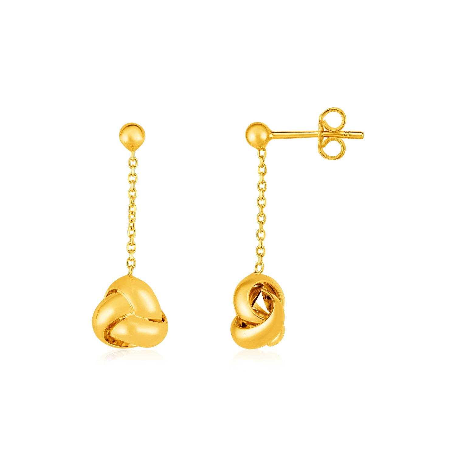 Aretes colgantes con nudo de amor en oro amarillo de 14 k