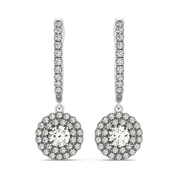 Boucles d'oreilles pendantes en or blanc 14 carats avec double halo de diamants ronds (1 carat au total)