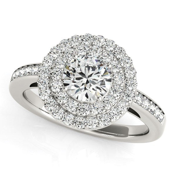 Anillo de compromiso de diamantes redondos con halo de dos hileras de oro blanco de 14 k (1 1/2 quilates)