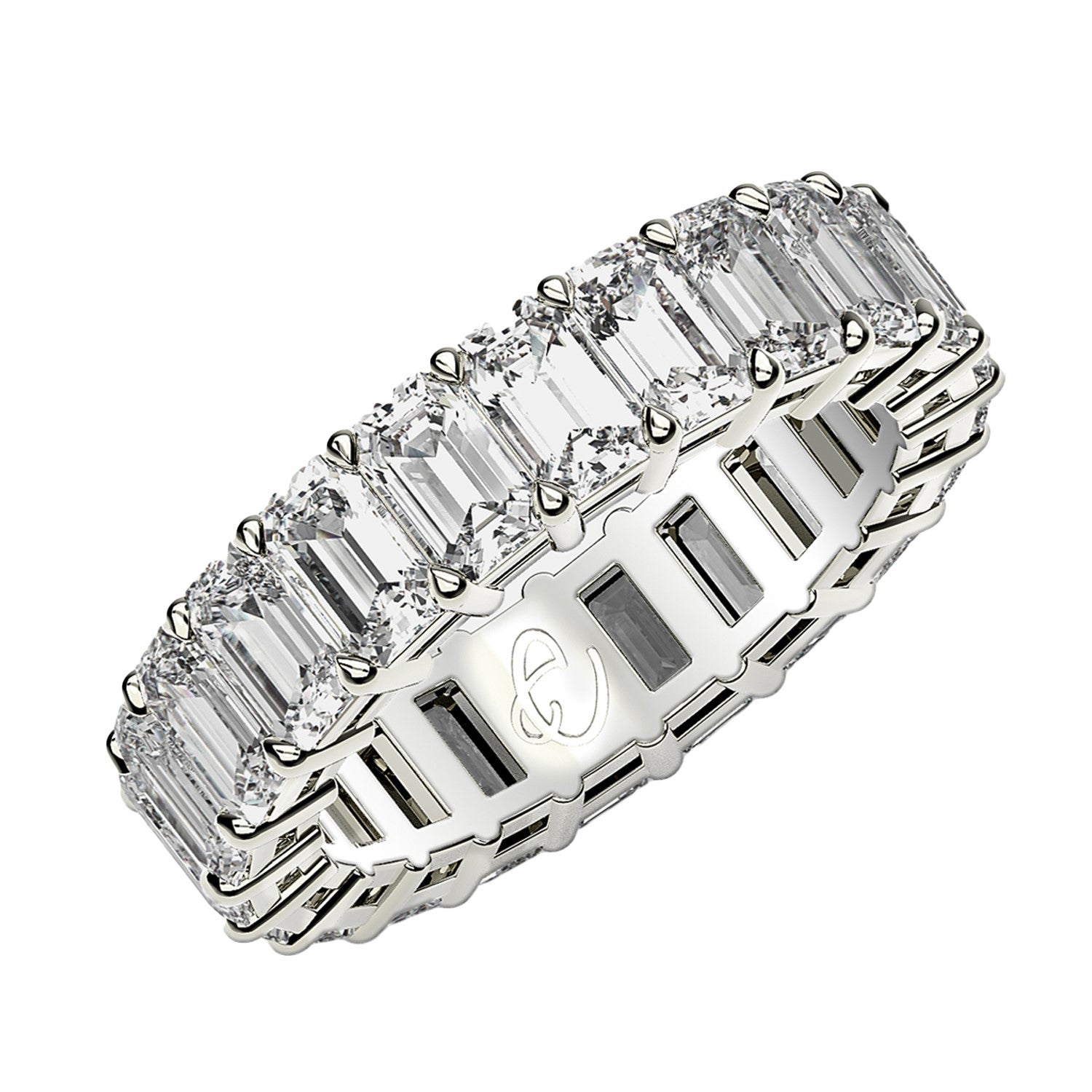 Anillo de eternidad con diamantes cultivados en laboratorio de talla esmeralda en oro blanco de 14 k (3 quilates FG/VS2)