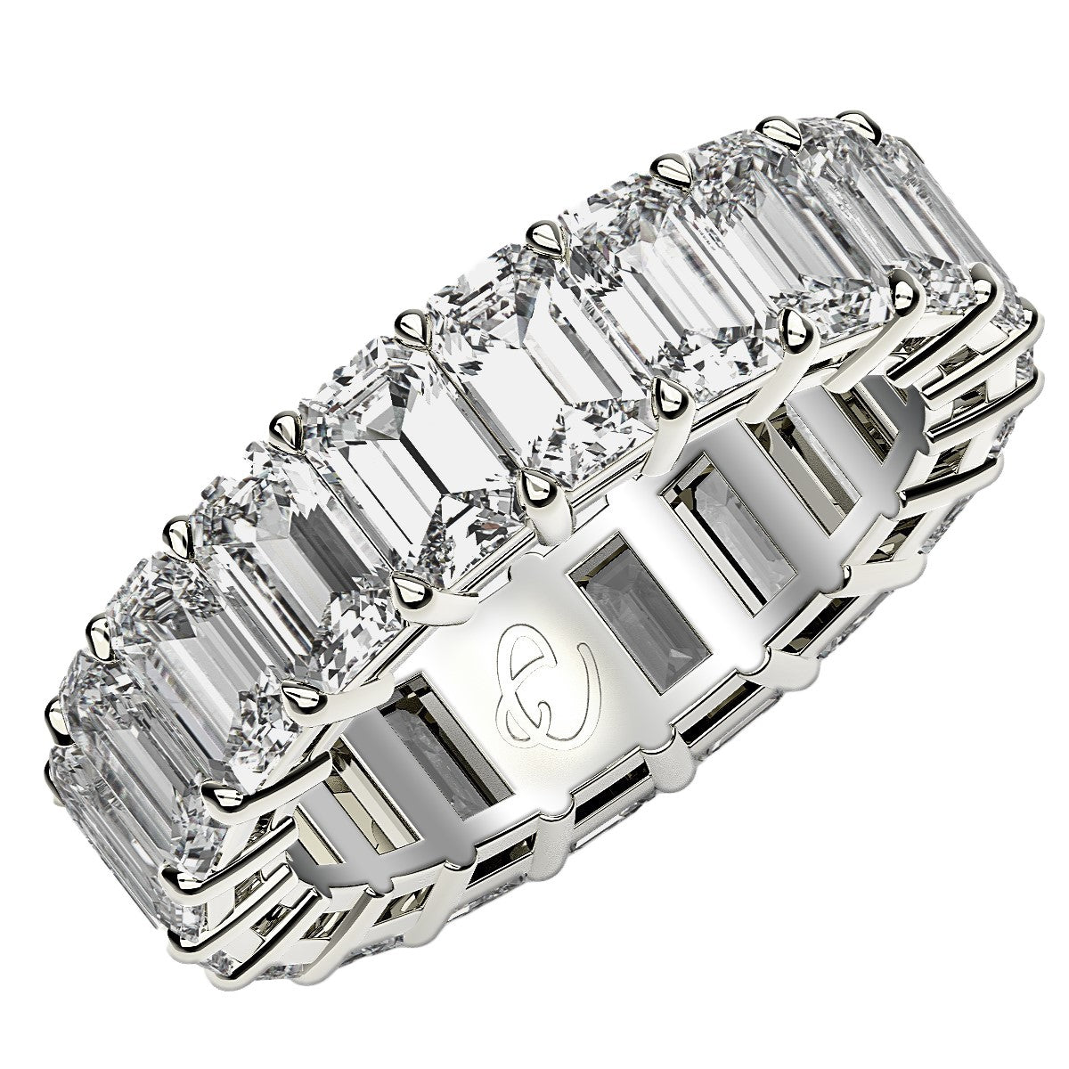 Anillo de eternidad con diamantes cultivados en laboratorio de talla esmeralda en oro blanco de 14 k (7 quilates FG/VS2)