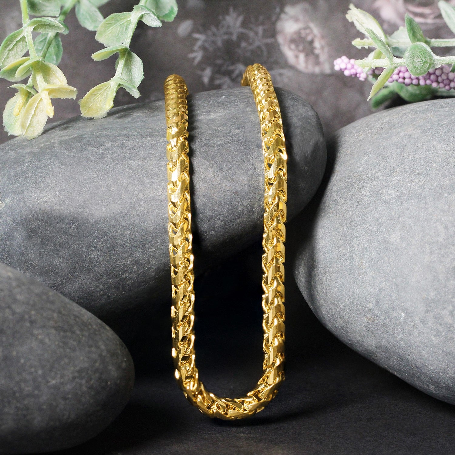 Cadena Franco redonda con talla de diamante de oro macizo amarillo de 14 k de 4,6 mm