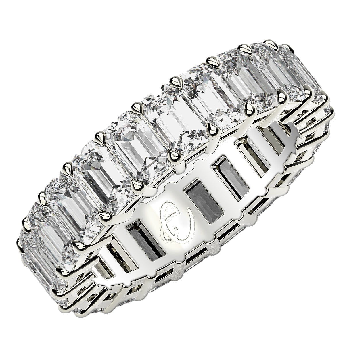 Anillo de eternidad con diamantes cultivados en laboratorio de talla esmeralda en oro blanco de 14 k (6 quilates FG/VS2)